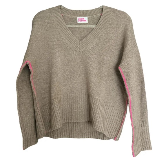 From Future Sweaters - From Future Women's V-Neck Sweater - Tan with Pink Accents